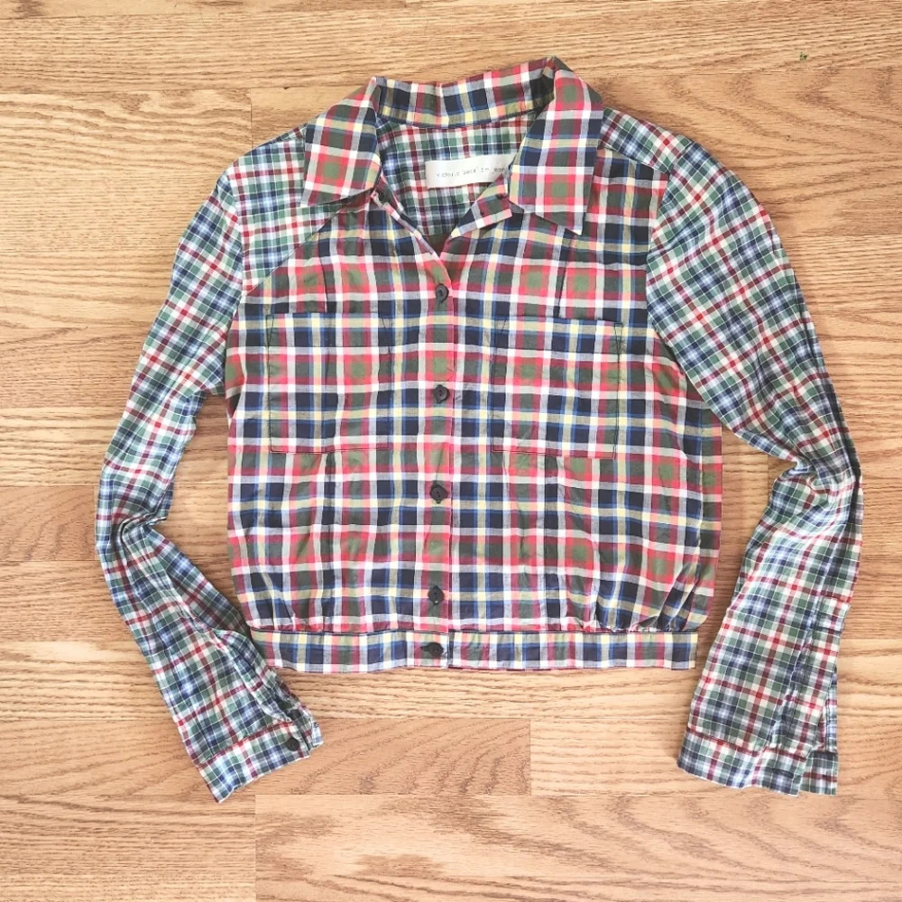 EUC Victoria Beckham Jeans Multi Check Button Down Shirt, Size S/US 2 or UK 6